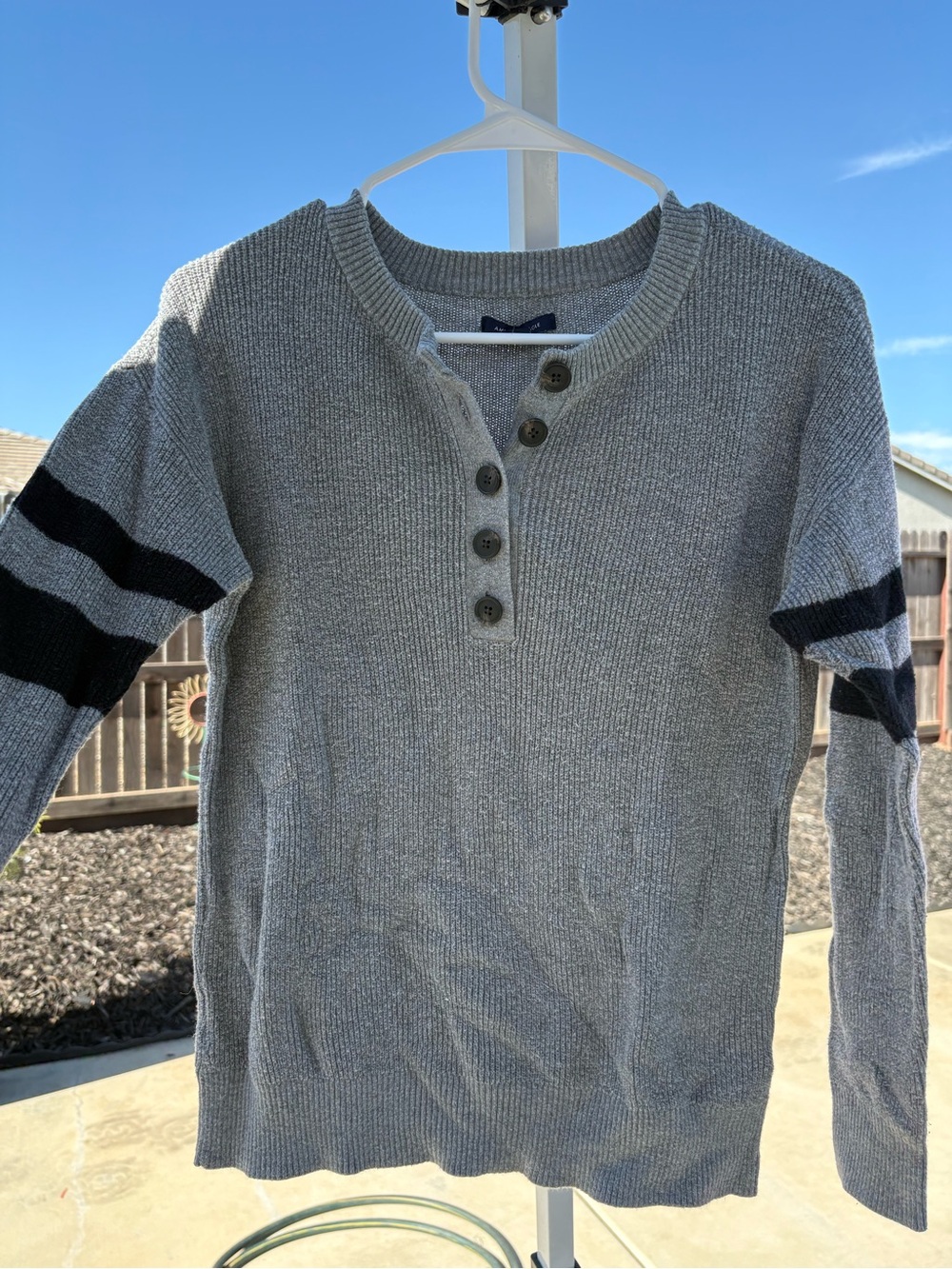 American Eagle Gray Knit Henley Sweater with Black Sleeve Stripes